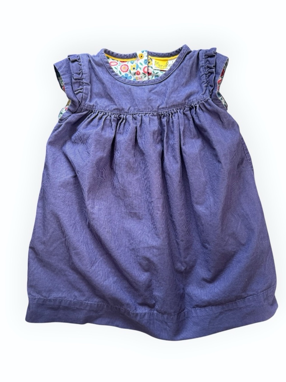 Mini Boden Purple Corduroy Dress Floral Lined Ruffle Sleeve Side Pocket Jumper